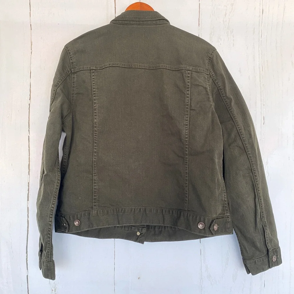 L.L.BEAN Denim Trucker Jacket Womens Olive Green Stretch Size L Regular